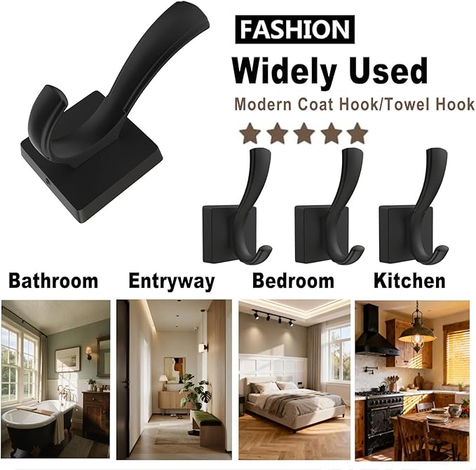 TOFIIGREM Black Coat Hooks for Wall Hanging, Bath Robe Hook Heavy Duty Thick - Image 5