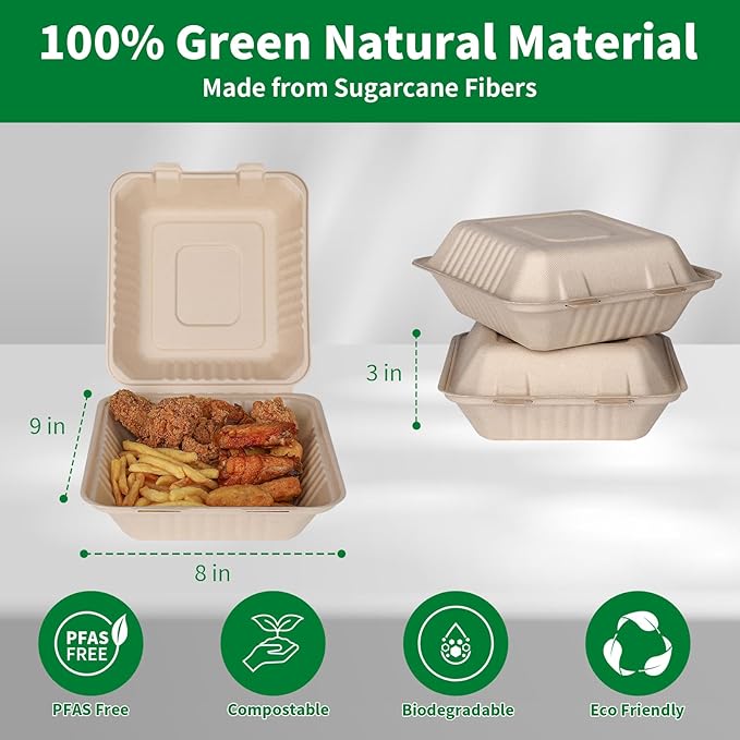 Aricsen Compostable 50 Pack 8×9 Inch Takeout Lunch Box Containers with Lid To Go Take Out Clamshell for Food, Disposable Eco-Friendly Biodegradable Bagasse, PFAS-Free, Brown