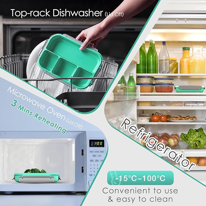 WHALEHOUSE Bento Lunch Box, 1000ML 4 Compartments Meal Prep Container with Utensil, Airtight Food Storage Container with Snap Locking Lids, Microwave/Dishwasher/Freezer Safe, On the Go
