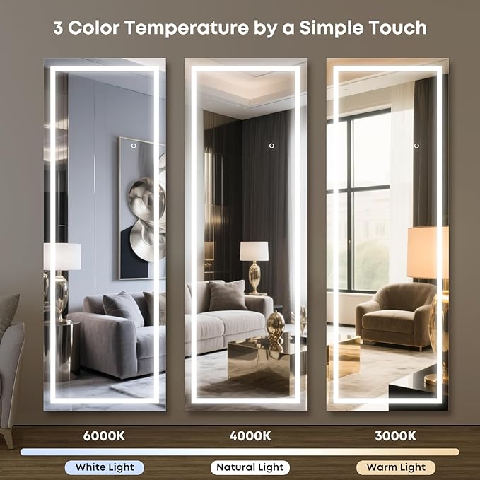 Kosmonia 59x16 Frameless Full Length Mirror, Dimmable 3 Color LED Light - Image 4
