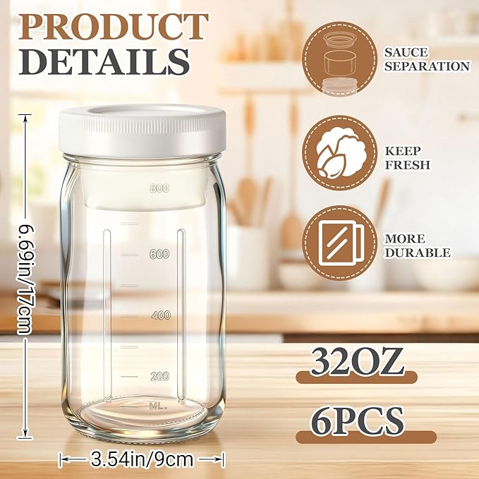 6 Pack 32oz Glass Salad Jars with 2 Dressing Cups & Leak Proof Lids - Meal Prep Containers for Lunch, Wet Dry Separation Container for Work Office Picnic, Overnight Oats(White)