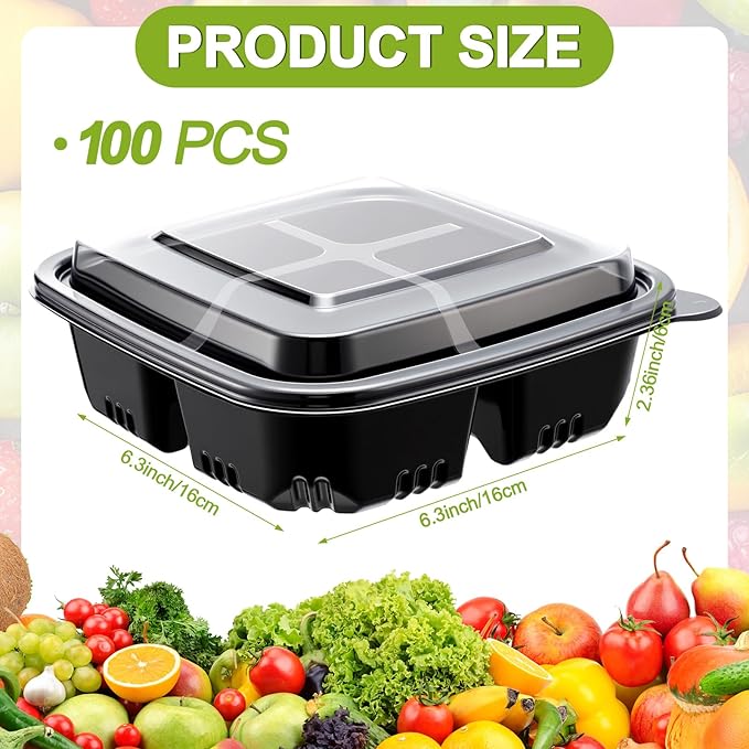 100 Pack 4-compartment Bento Snack Boxes with Lids Divided Lunch Containers for Travel School Camping Outdoor Home (Black)