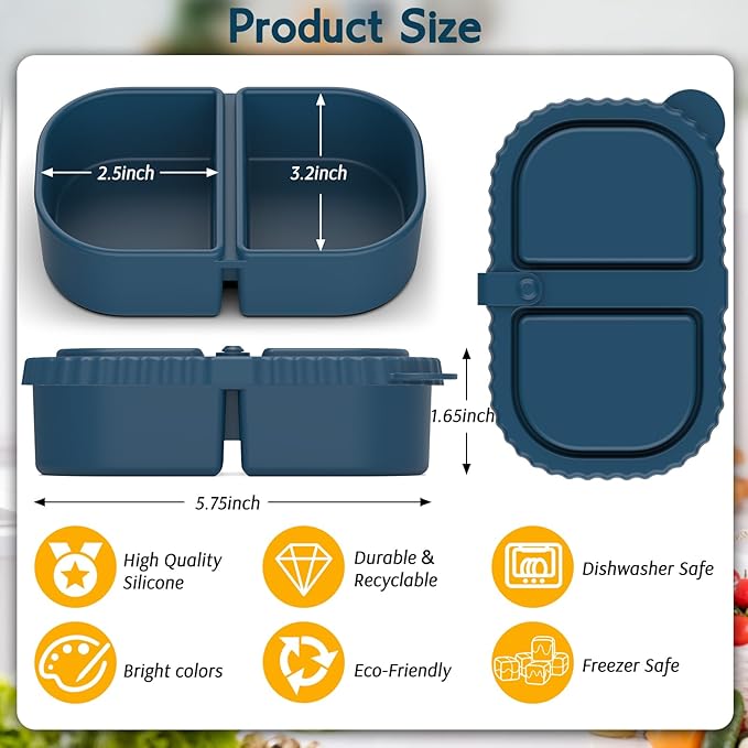 ICEROYCE 3 Pack Reusable Silicone Snack Containers with Lids, 2 Compartment Leakproof Food Storage Containers, BPA-Free Portable Snack Boxes for Lunch, School, Adults