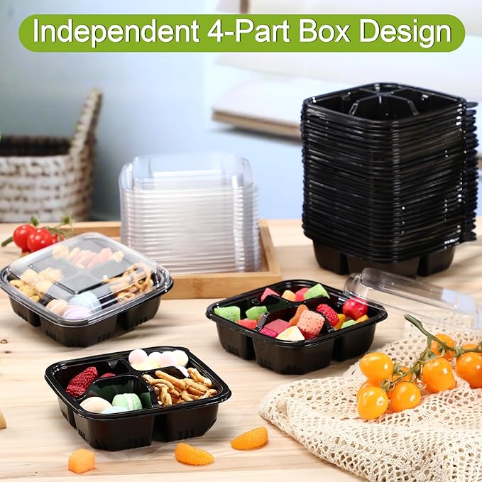 100 Pack 4-compartment Bento Snack Boxes with Lids Divided Lunch Containers for Travel School Camping Outdoor Home (Black)