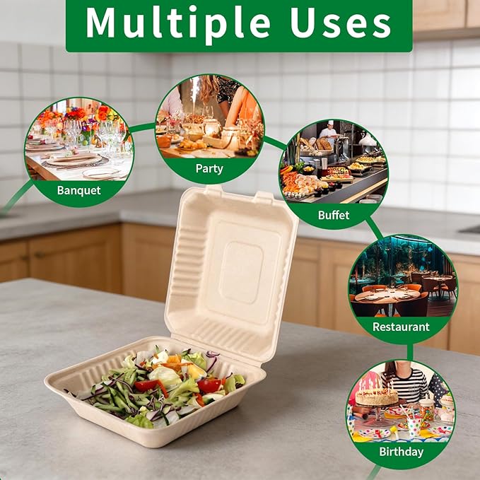 Aricsen Compostable 50 Pack 8×9 Inch Takeout Lunch Box Containers with Lid To Go Take Out Clamshell for Food, Disposable Eco-Friendly Biodegradable Bagasse, PFAS-Free, Brown