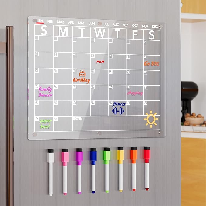 Neatsure Acrylic Magnetic Dry Erase Board Calendar for Fridge, Clear Monthly Planner Whiteboard for Refrigerator, w/ 8 Colors Markers, 15"x11"