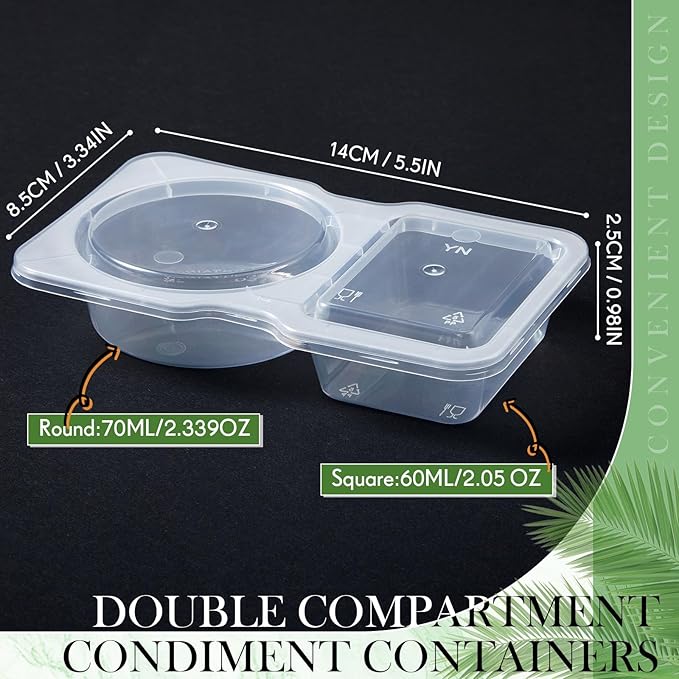 Blushtier 5 Pcs Pack Snack Containers with Lids, 5 oz Double Compartment Plastic Food Containers, Portable Divided Snack Cups for School, Office, Meal Prep, Sauces, Dips, On-the-go Camping (Clear)