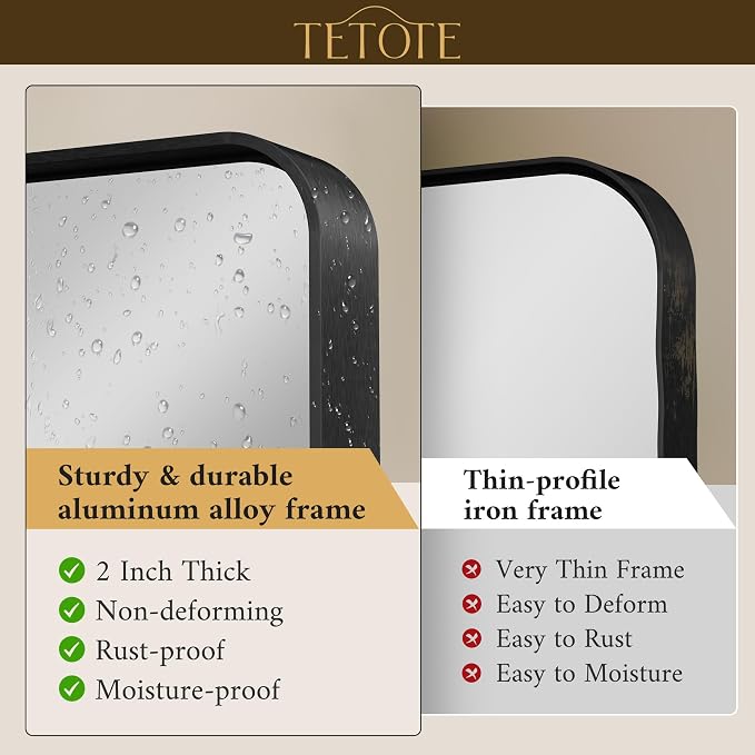 TETOTE 48 x 36 Inch Mirrors for Bathroom, Matte Black Framed Rectangular Large - Image 2