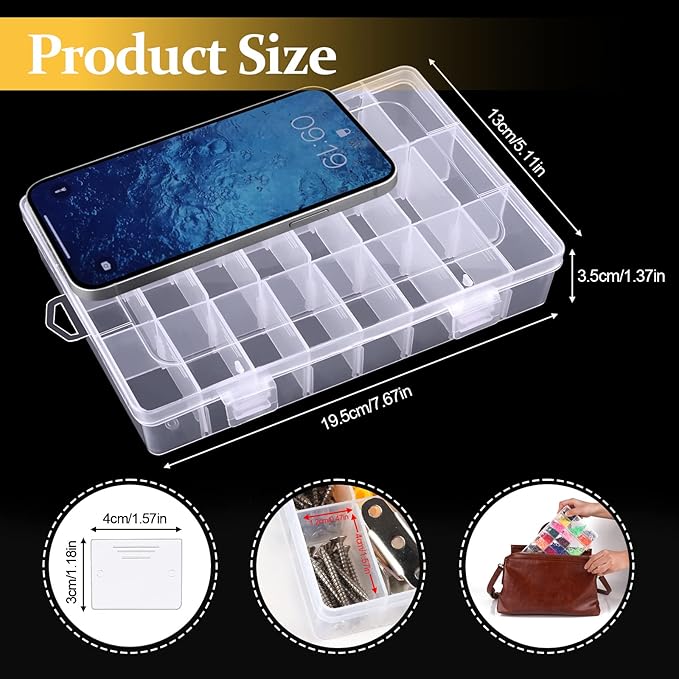 2 Pack 24 Grids Clear Plastic Organizer Box, Storage Container with Adjustable Divider, Craft and Bead Storage Organizer Box for DIY Jewelry Tackles with 2 Sheets Label Stickers