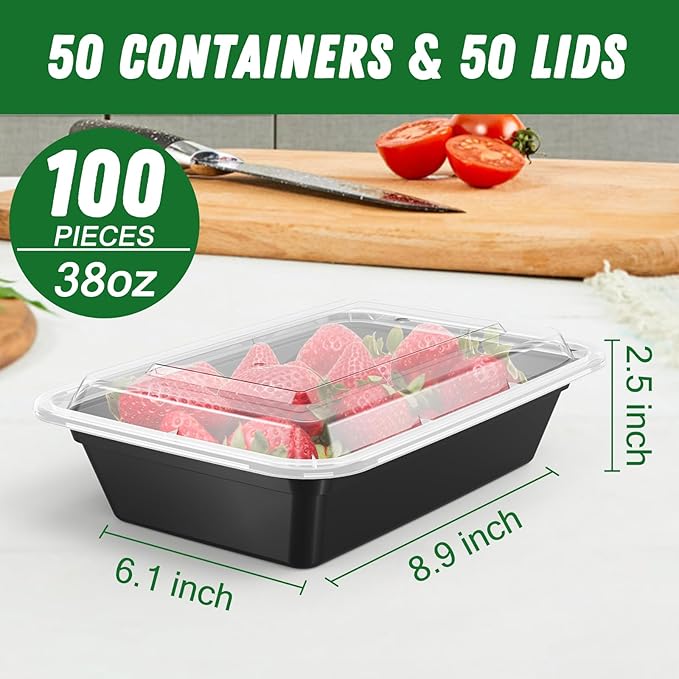 Dealusy 50 Pack (100-Piece) 38 oz Meal Prep Containers Reusable with Lids, Sturdy Leakproof & Food Safe, Microwave, Freezer, Dishwasher Safe Prep Containers, To Go Take Out Plastic Food Storage