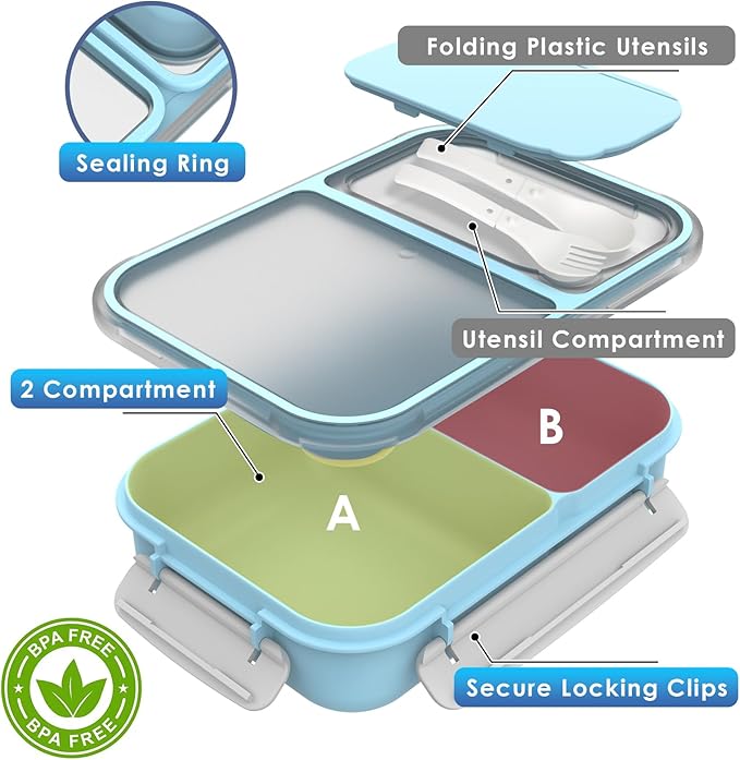 WHALEHOUSE Large Capacity Bento Lunch Box for Adult, 1600ML 2 Compartments Meal Prep Container with Utensil, Airtight Food Storage Container with Snap Locking Lids, Microwave/Dishwasher/Freezer Safe