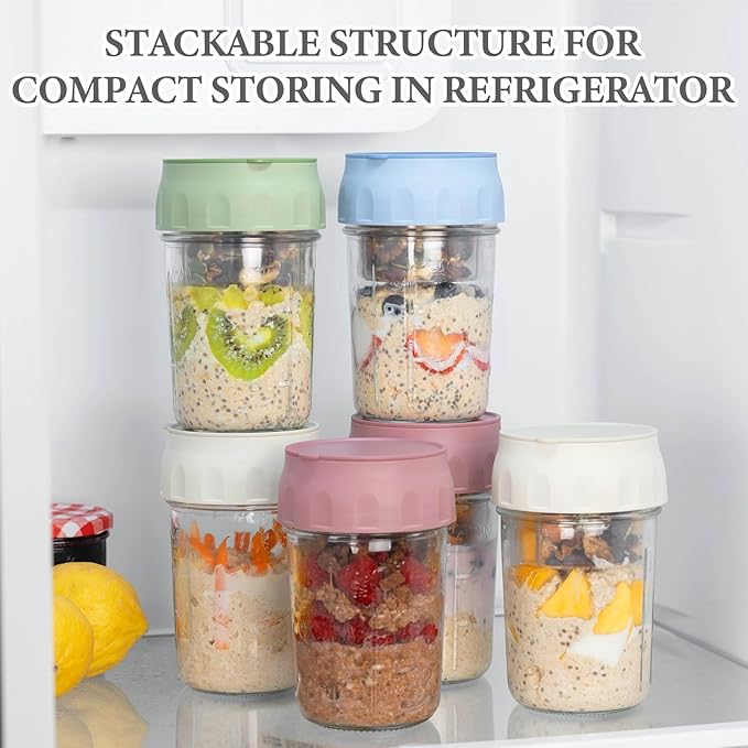 SOLIGT 2 Pack Overnight Oats Containers with Lids, Folding Spoons and Divided Compartments for Fruit & Nuts, Small Glass 16oz Mason Jars for Oatmeal Yogurt Parfait (2 Set-Oat White/Rose Pink)
