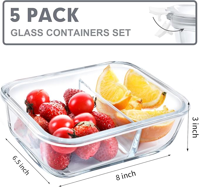 VERONES 5 Pack Glass Meal Prep Containers 2 Compartment Set, 36OZ Airtight Lunch Containers, Glass Food Storage Containers with Lids, for Microwave, Oven, Freezer & Dishwasher Friendly,White