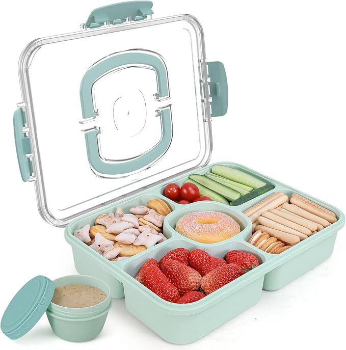 Large Snackle Box Container with Dip Container, 5 Compartments Snack Container with Lid and Handle, Veggie Fruit Divided Serving Tray for Party, Picnic, Dishwasher Safe, BPA-Free