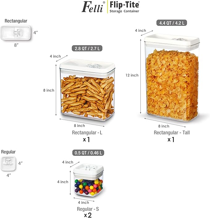 Felli Flip Tite Storage Container with Lid 4" RECTANGULAR Air Tight Ring Flip Top, Stackable Acrylic Canister for Kitchen Counter Pantry, Cereal Granola Pasta Spice, Christmas Gift (4pk, Variety)