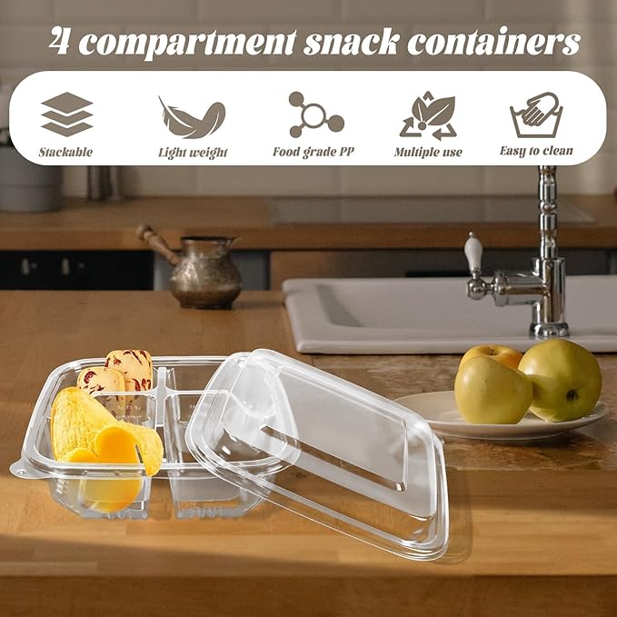 20 Pack Clear Bento Snack Food Containers, 4 Compartment Meal Prep Containers with Lids for School and Work