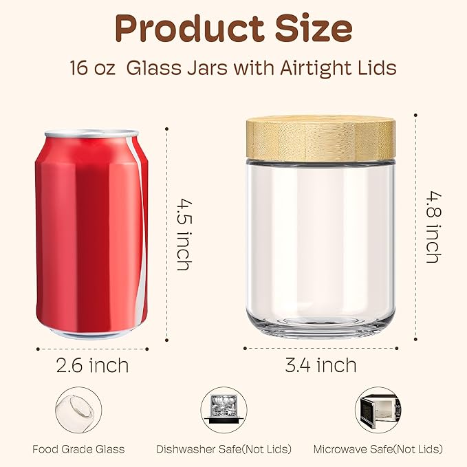 6 Pack 16oz Overnight Oats Containers with Bamboo Lids, Glass Jars with Airtight Lids for Meal Prep, Wide Mouth Mason Salad Jars, Glass Food Storage Container for Yogurt Chia Snacks Spice Sugar