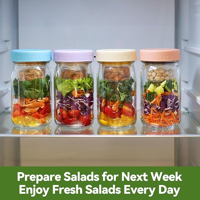 4 Pack Glass Salad Pod Mason Jar with Dressing Cup, 32 oz Salad Container to Go with Lids Meal Food Prep for Adults Lunch, Large Travel Mason Jar Bowl with 2 Insert Dressing & Topping Holder
