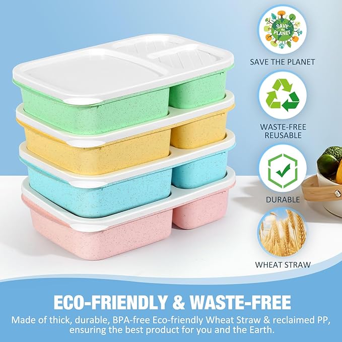 Caperci Bento Lunch Box Containers for Adults & Kids - 3-Compartment Reusable Meal Prep Containers with 2 Sauce Containers for School, Work, Travel, Wheat Straw, 4-Pack (Vintage Colors)