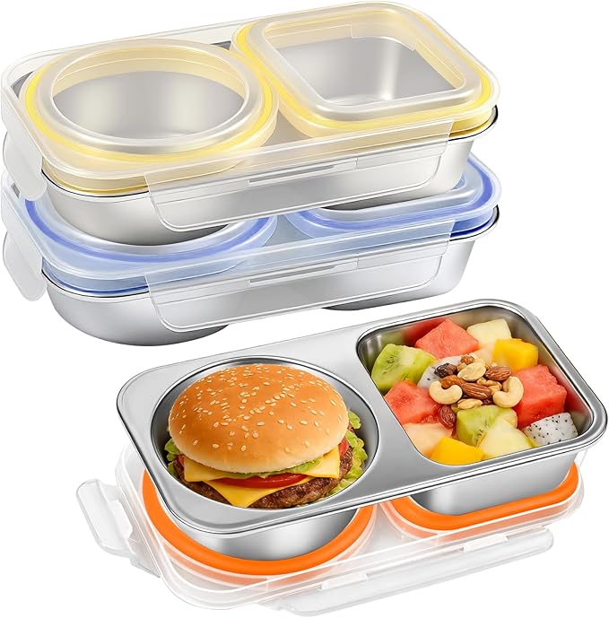 3 Pack Stainless Steel Snack Containers, 2 Compartment Stainless Steel Lunch Box with Lids, Leakproof Reusable Metal Bento Box for Meal Prep Food Storage & Travel Picnics Work