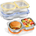 3 Pack Stainless Steel Snack Containers, 2 Compartment Stainless Steel Lunch Box with Lids, Leakproof Reusable Metal Bento Box for Meal Prep Food Storage & Travel Picnics Work