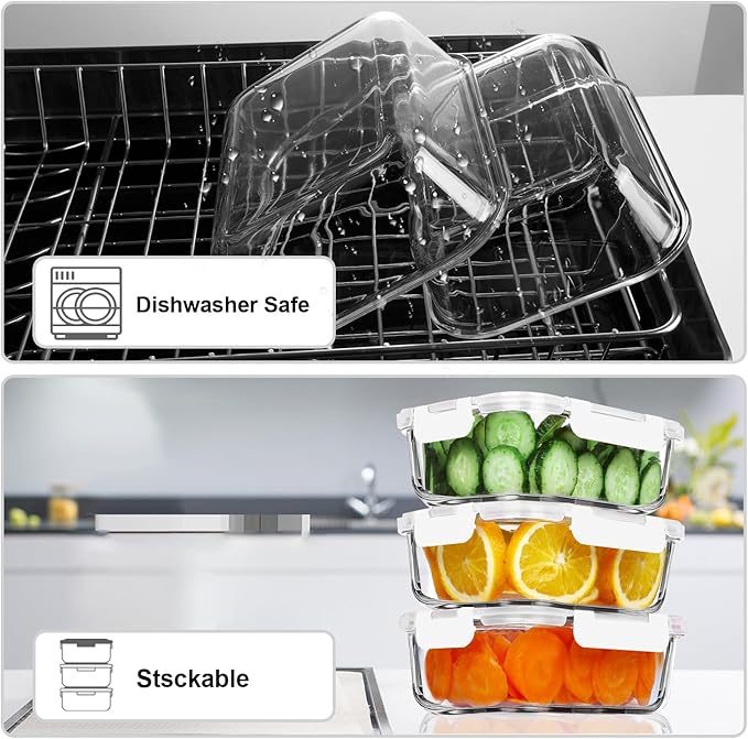VERONES 5 Pack 36 OZ Glass Meal Prep Containers, Airtight Glass Lunch Containers Set, Food Storage Containers with Lids,Exclusive of BPA, for Microwave, Oven, Freezer & Dishwasher Friendly,White