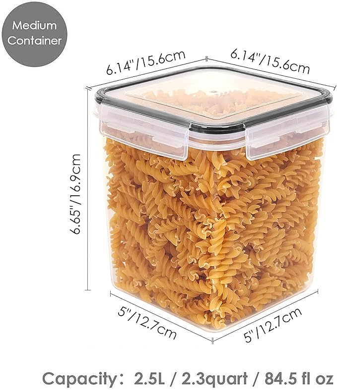 Vtopmart Food Storage Containers 2.5L / 84.5oz, 4 Pieces BPA Free Plastic Airtight Canister for Flour, Sugar, Baking Supplies, with 4 Measuring Cups and 24 Labels, Black