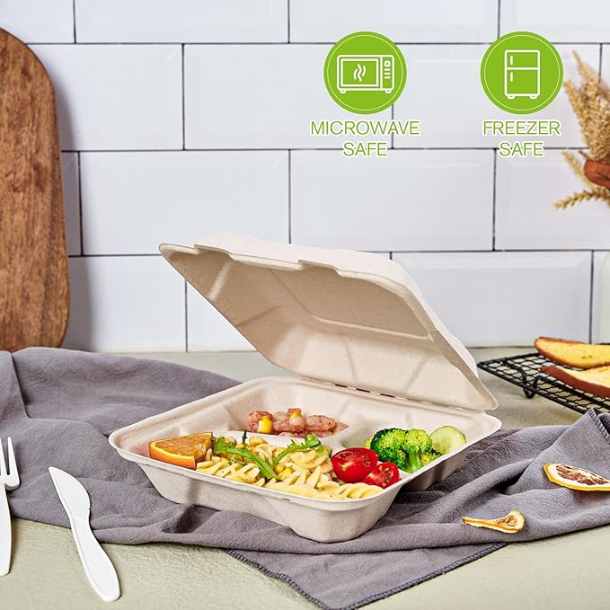 ECOLipak 50 Pack Clamshell To Go Containers, 100% Compostable Disposable Take Out Food Containers, 8X8 3-Compartment Heavy-Duty To Go Boxes,Eco-Friendly Biodegradable To Go Containers For Food