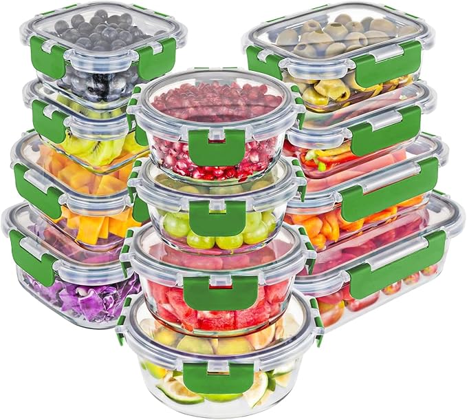 Magic Mill Premium Borosilicate Glass Food Storage Containers with lids Set | 24pc Sets with 12 Bowls & 12 Airtight Locking Lids for Lunch & Meal Prep, Safe for Oven, Freezer, Dishwasher, BPA-Free