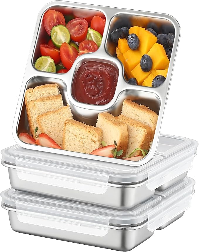 BEFOY Stainless Steel Snack Containers with Lids 4 Pack Lunchable Meal Prep Containers Reusable Meal Prep Lunch Containers for Adult Divided Stackable Bento Lunch Box for Home Travel (3, Gray, Large)