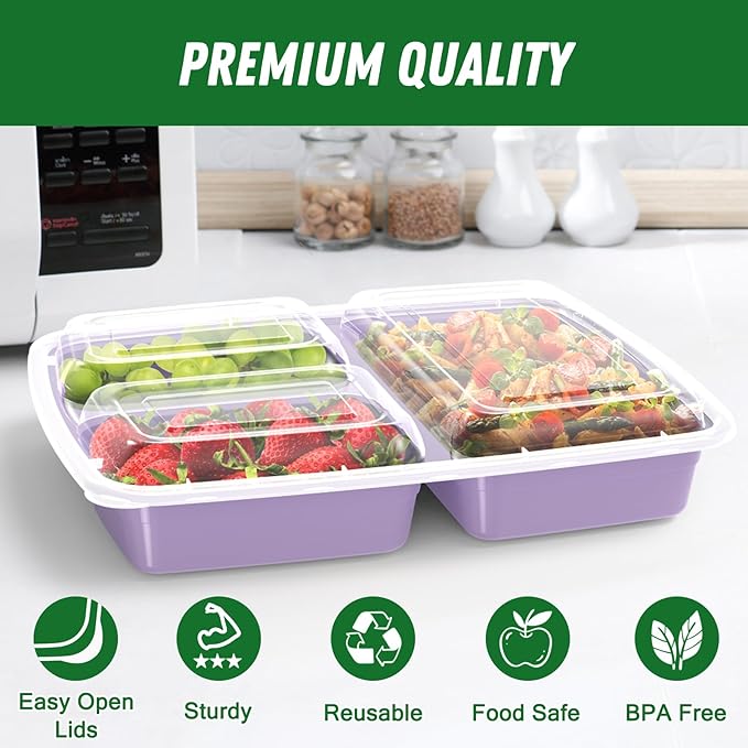 50 Pack (100-Piece) 32 oz Meal Prep Containers Reusable with Lids 3-Compartment, To Go Take Out Plastic Food Storage Containers, Sturdy Leakproof Food Safe, Microwave Freezer Dishwasher Safe, Lilac