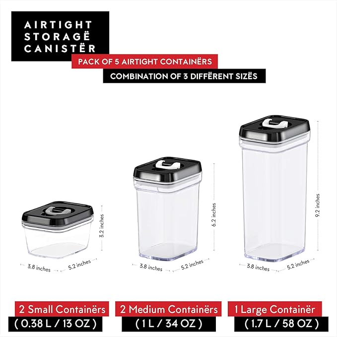 DWËLLZA KITCHEN Airtight Food Storage Containers with Lids - 5 Piece Set - Kitchen Accessories Food Containers - Pantry Organization and Storage - Clear Plastic BPA-Free - Keeps Food Fresh & Dry