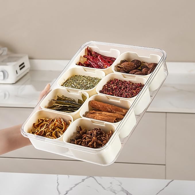 Plastic Divided Serving Tray with Lid and Handle Snack Box Charcuterie Container Portable Snack Platters Organizer for Candy, Fruits, Snacks, Nuts, for Party, Entertaining (White 8 compartments)