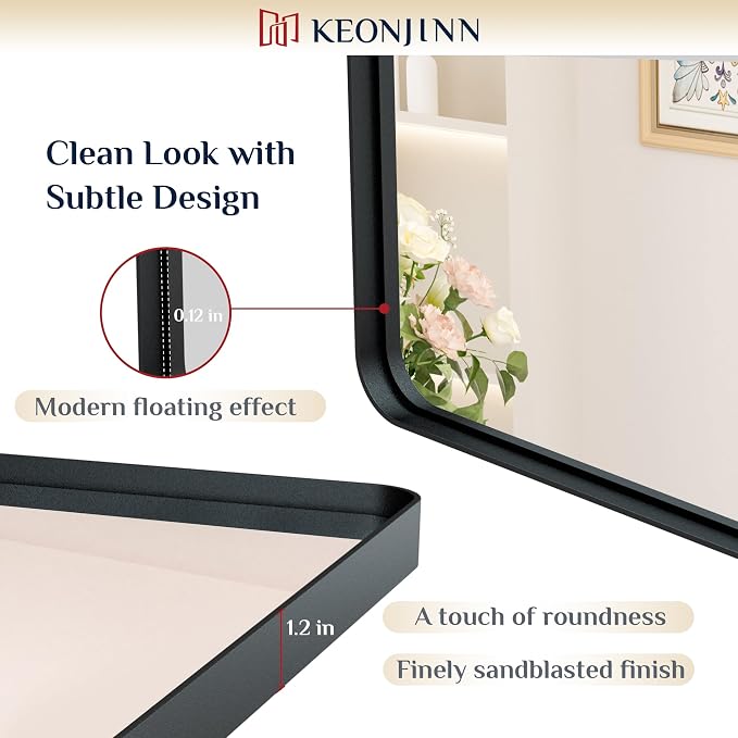 Keonjinn Black Bathroom Mirror for Over Sink, 40 x 30 Inch Rounded Rectangle - Image 3