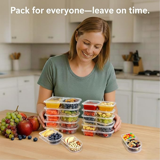 50 Sets 4.5 Oz Reusable snack containers with lids, Disposable Double Compartment Plastic Container for Sauce Snack,Condiment Container with Lid,Snacks Box Meal Prep Travel