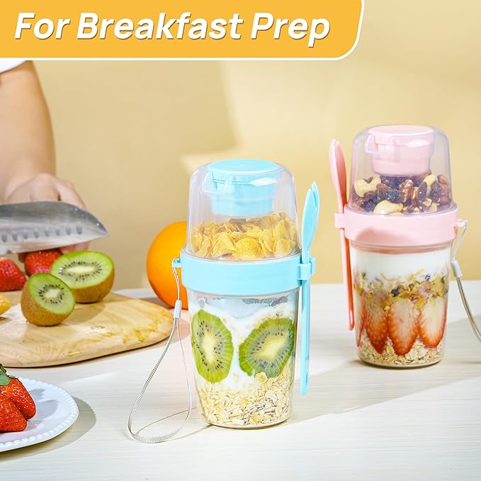 Vtopmart 4 Pack 27oz Yogurt Parfait Cups with Lids and Spoons, Overnight Oats Containers, Reusable Topping Compartment for Breakfast with Yogurt, Cereal or Oatmeal On-the-Go