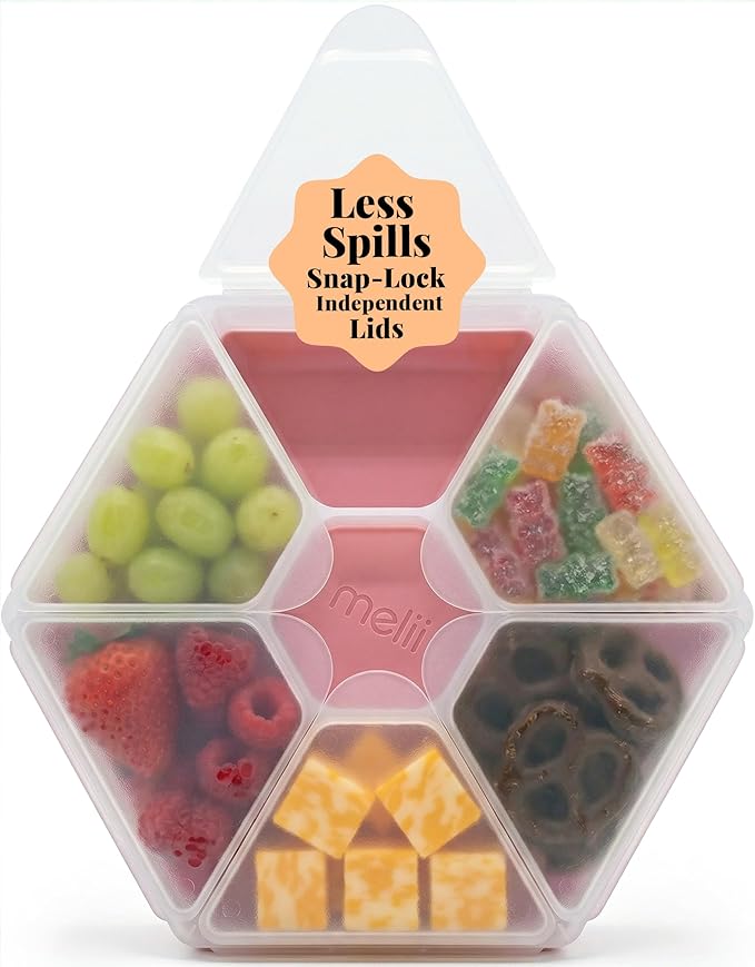 melii Hexagone Snackle Box | 6 Compartment Snack Container with Individual Snap-Lock Lids, Easy-Grip Design for Kids & Adults, Portion-Control Food Storage for Lunch, Travel & On-the-Go (Pink)