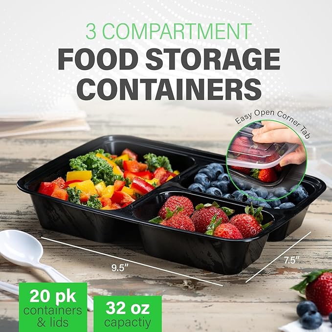 Bexter 10 Pack Compartment Trays with 10 Lids for Takeout and Food Storage / 3 Section compartment for portion control