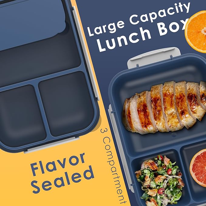 WHALEHOUSE Large Capacity Bento Box for Adult, 1700ML 3 Compartments Lunch Box with Utensil, Airtight Food Container with Lids for Meal Prep, Microwave/Dishwasher/Freezer Safe, On the Go (Dark Blue)