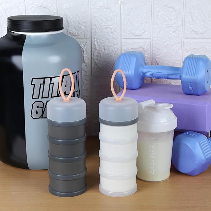 Accmor 2 Pcs Protein Powder Container to Go with Funnels Stand, 4 Compartments Stackable Protein Powder Dispenser for Workout, Fitness, Travel