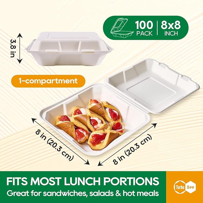 Turbo Bee 100 Pack 8x8inch White Compostable Take Out Containers with Lids, Disposable Clamshell Food Containers, Large To Go Boxes for Restaurant, Catering, Meal Prep & Food Service-White