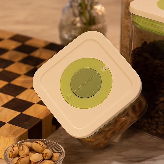 linoroso Set of 4 Pop Airtight Food Storage Containers with Date Recording Lids, Stackable Plastic Kitchen Storage Containers, Dry Cereal Container Set for Pantry Countertop Fridge Organization