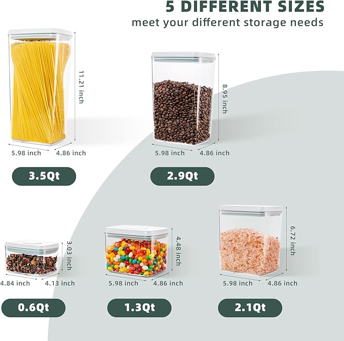 Pop Up Lid Food Storage Containers, Clear Storage Containers for Pantry Airtight Kitchen Containers Storage Set - 5 Pack for Cereal, Flour and Sugar, 3.5Qt, 2.9Qt, 2.1Qt, 1.3Qt, 0.6Qt