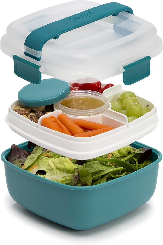 Goodful Stackable Lunch Box Container, Bento Style Food Storage with Removeable Compartments for Sandwich, Snacks, Toppings & Dressing, Leak-Proof and Made without BPA, 56-Ounce, Teal