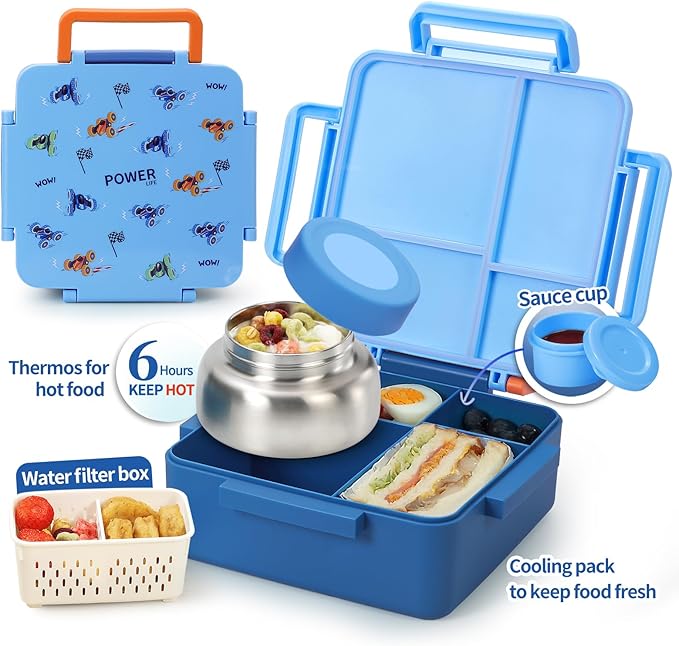 Bento Box for Kids with Thermos, [Large Capacity] Kids Lunch Box Containers with 4 Compartment for Ages 3+, Drop-Proof & Dishwasher Safe Food Container Blue
