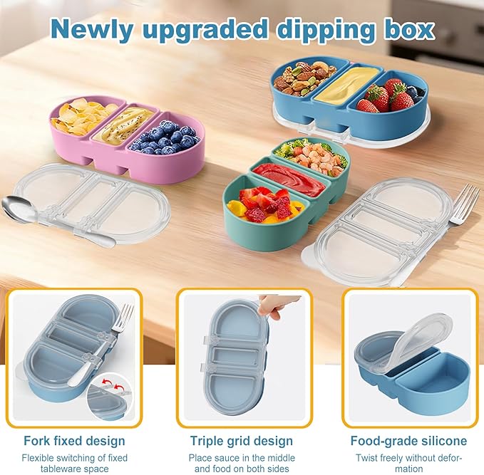 Silicone Snack Containers 3 Compartments Reusable Snackle Box with Lids Pack Portable Food Storage for Picnic Lunch Office Gym School BPA-Free & Dishwasher Safe (Pink/Blue/Green)