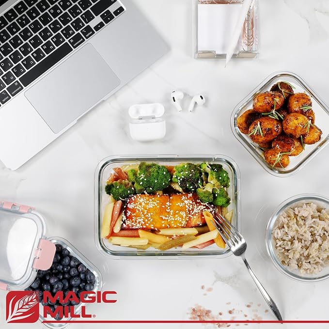 Magic Mill Premium Borosilicate Glass Food Storage Containers with lids Set | 24pc Sets with 12 Bowls & 12 Airtight Locking Lids for Lunch & Meal Prep, Safe for Oven, Freezer, Dishwasher, BPA-Free