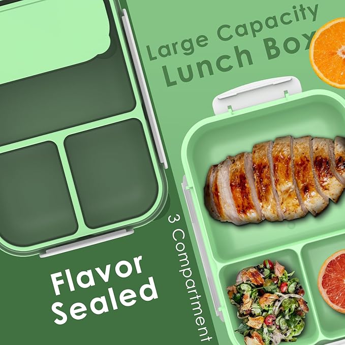 WHALEHOUSE Large Capacity Bento Box for Adult, 1700ML 3 Compartments Lunch Box with Utensil, Airtight Food Container with Lids for Meal Prep, Microwave/Dishwasher/Freezer Safe, On the Go (Green)