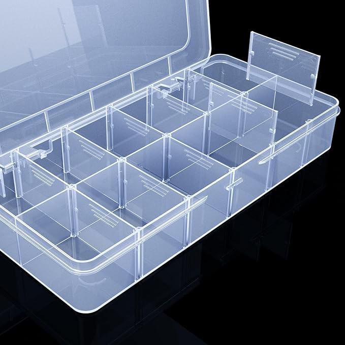Plastic Organizer Box,12 Grids Clear Bead Organizer Compartment Box with Removable Dividers for Parts,Bead Storage Earring Container Tool Hair Accessories,10.23L x 5.31W x 1.7H inch