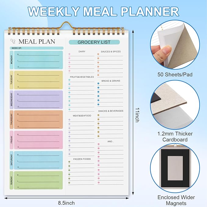 Joyberg Weekly Meal Planner Notebook 8.5x11”, 50 Sheets Weekly Meal Planner Magnetic, Double Helix Meal Planner and Grocery List, Wall-Mountable Menu Planner for Fridge Notepad for Daily & Plan